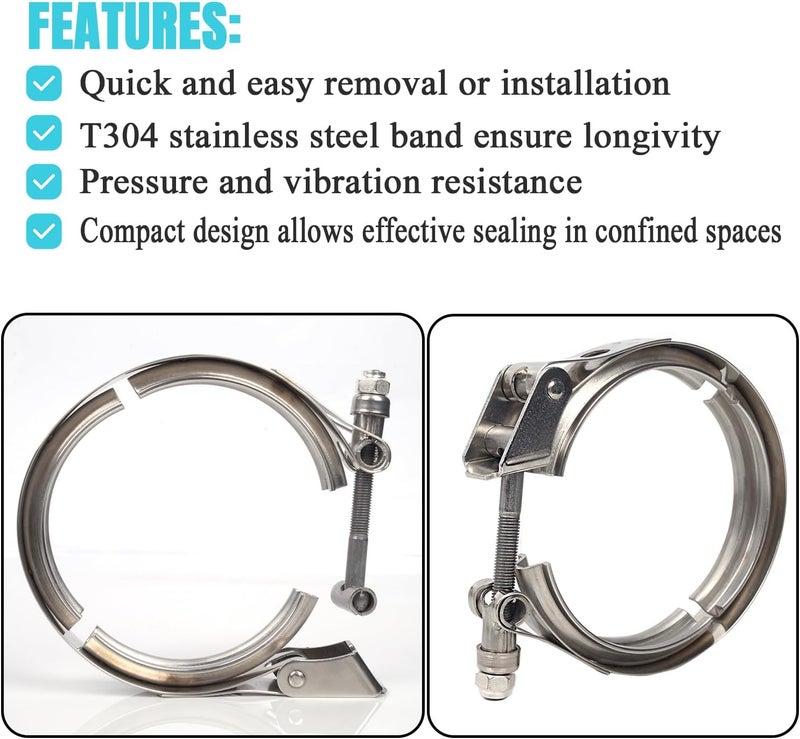 eLifecenter 2 Inch Exhaust V band Clamp T304 Stainless Steel with T-Bolt Quick Release Latch(No Flanges) - Image 5